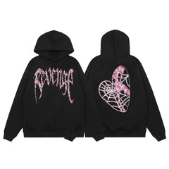 Revenge Rhinestone Spiderweb Heart Arch Logo Pullover Hoodie pink