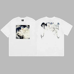 Revenge Silver & Blue Gradient Arch Logo & Classical Art Photo Graphic Short Sleeve T-Shirt White