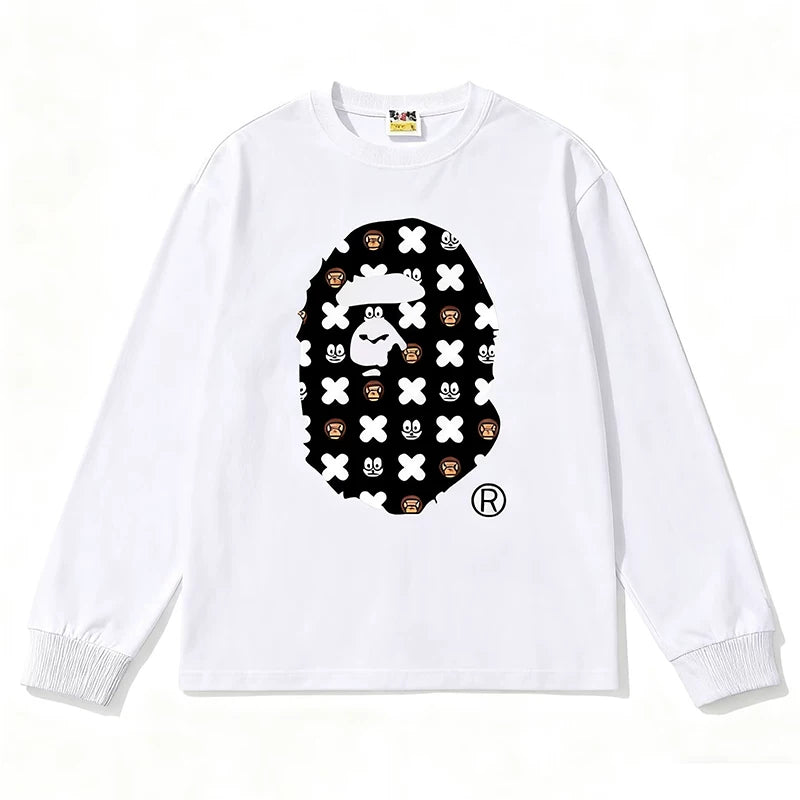 BAPE Style All-Over Cartoon Print Ape Head Long-Sleeve Tee - White