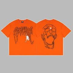 Revenge Arch Logo with Flower & Geometric Shattered Skull Graphic Short Sleeve T-Shirt Orange