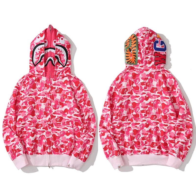 BAPE Style Camo Shark Full-Zip Hoodie - Pink
