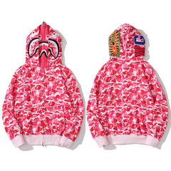 BAPE Style Camo Shark Full-Zip Hoodie - Pink