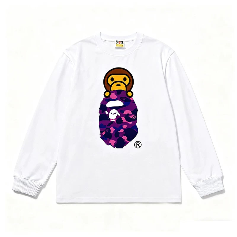 BAPE Style Baby Milo Peeking on Camo Ape Head Long-Sleeve Tee - White/Purple