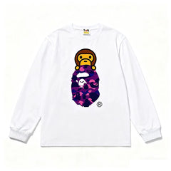 BAPE Style Baby Milo Peeking on Camo Ape Head Long-Sleeve Tee - White/Purple
