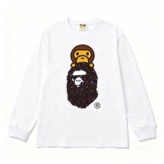 BAPE Style Baby Milo on Dark Leopard Camo Ape Head Long-Sleeve Tee - White/Dark Leopard