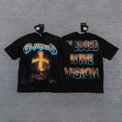 Men's Vintage Graphic Oversized T-Shirt – Cross Print Streetwear Double-Sided Casual Tee