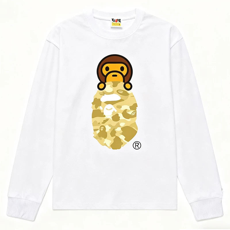 BAPE Style Baby Milo Peeking on Camo Ape Head Long-Sleeve Tee - White/Yellow