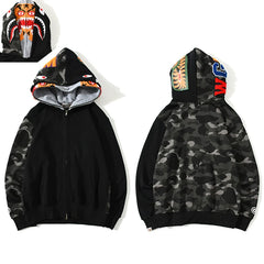 BAPE Style Colorblock Shark Full-Zip Hoodie - Black/Grey Camo