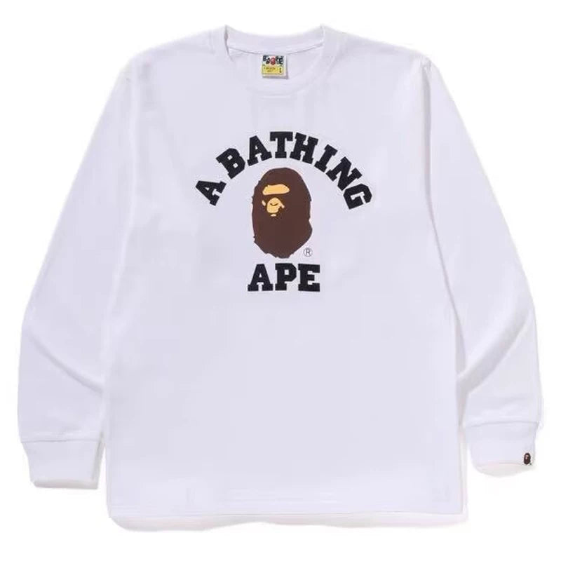 BAPE Style Collegiate Arc Logo & Ape Head Long-Sleeve Tee - White