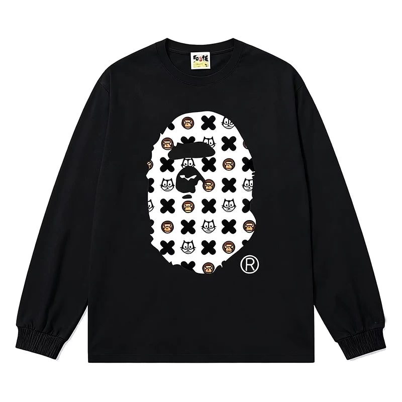 BAPE Style All-Over Cartoon Print Ape Head Long-Sleeve Tee - Black