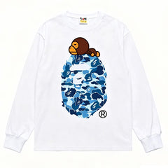 BAPE Style Baby Milo on Camo Ape Head Long-Sleeve Tee - White/Blue