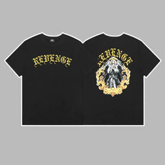 Revenge Yellow Arch Logo & Religious Angel Graphic Short Sleeve T-Shirt (Black)