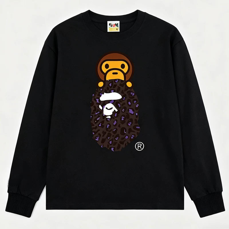 BAPE Style Baby Milo on Dark Leopard Camo Ape Head Long-Sleeve Tee - Black/Dark Leopard