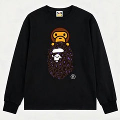 BAPE Style Baby Milo on Dark Leopard Camo Ape Head Long-Sleeve Tee - Black/Dark Leopard