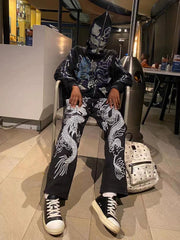 Streetwear Graphic Skeleton Full-Zip Hoodie - Black/Blue