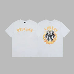 Revenge Yellow Arch Logo & Religious Angel Graphic Short Sleeve T-Shirt (White)