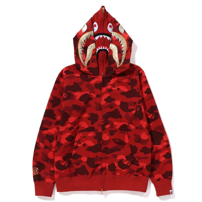 BAPE Style Camo Gold Shark Teeth Full-Zip Hoodie - Red
