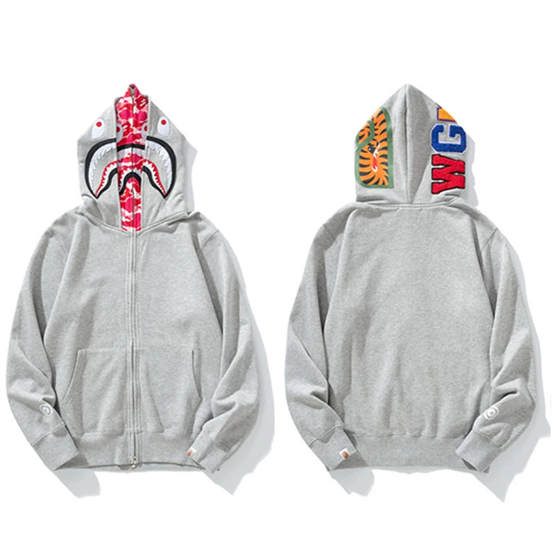 BAPE Style Solid Light Grey Shark Full-Zip Hoodie - Pink Camo Interior