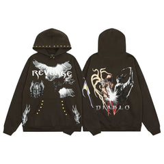 Revenge x Diablo IV Brown Studded Arch Logo & Characters Pullover Hoodie