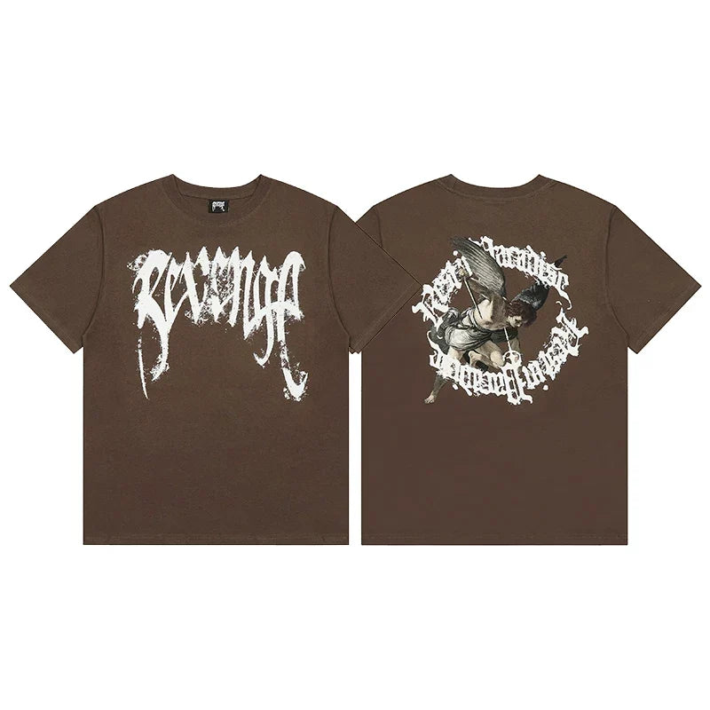 Revenge Angel / Religious Circle Arch Logo Short Sleeve T-Shirt Brown