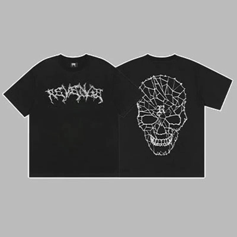 Revenge Arch Logo & Geometric Shattered Skull Graphic Short Sleeve T-Shirt Black
