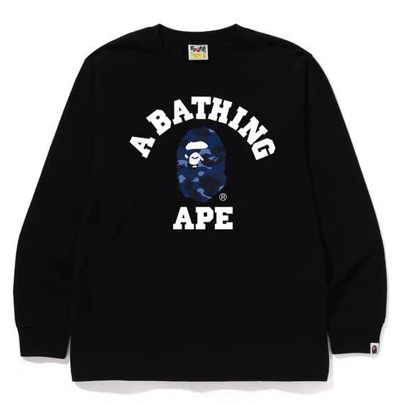 BAPE Style Collegiate Arc Logo & Camo Ape Head Long-Sleeve Tee - White/Red