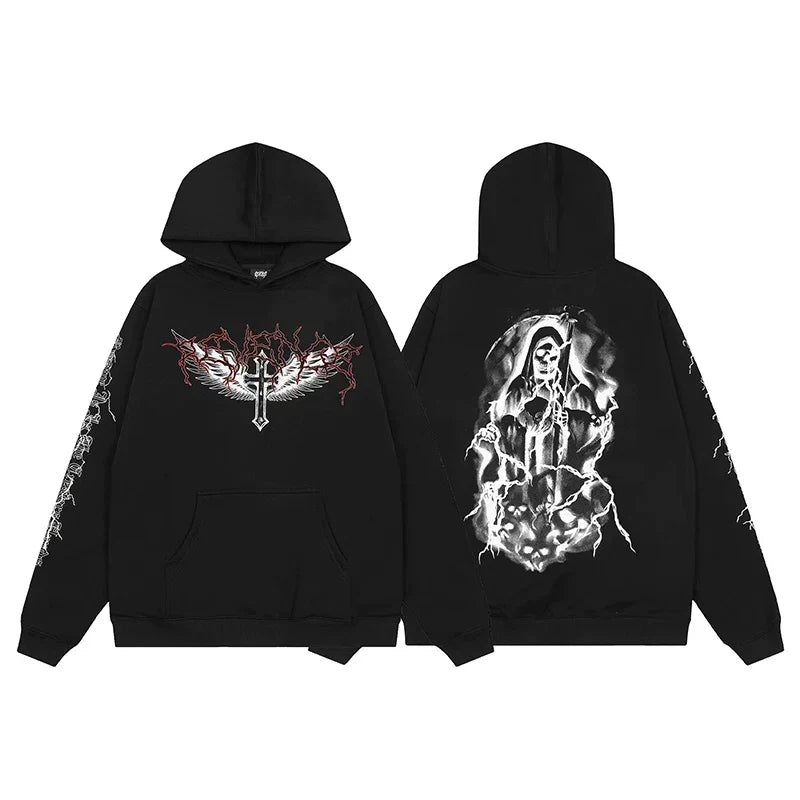 Revenge Black Grim Reaper & Cross Wings Pullover Hoodie