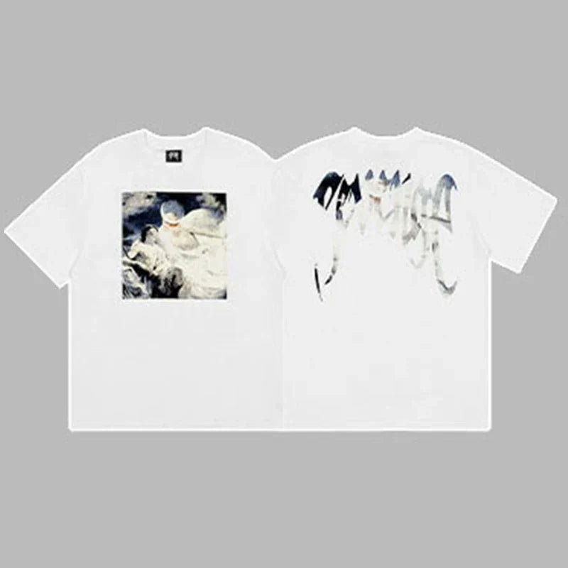 Revenge Silver & Blue Gradient Arch Logo & Classical Art Photo Graphic Short Sleeve T-Shirt White