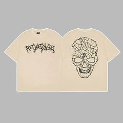Revenge Arch Logo & Geometric Shattered Skull Graphic Short Sleeve T-Shirt  Beige
