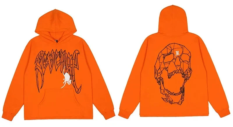 Revenge Orange Geometric Spider Skull Arch Logo Pullover Hoodie
