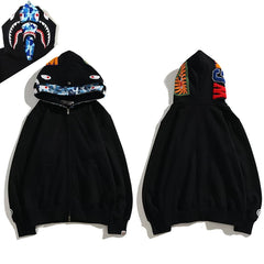 BAPE Style Solid Black Shark Full-Zip Hoodie - Blue Camo Interior