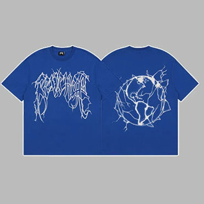 Revenge Arch Logo & Lightning Earth Graphic Short Sleeve T-Shirt  Blue