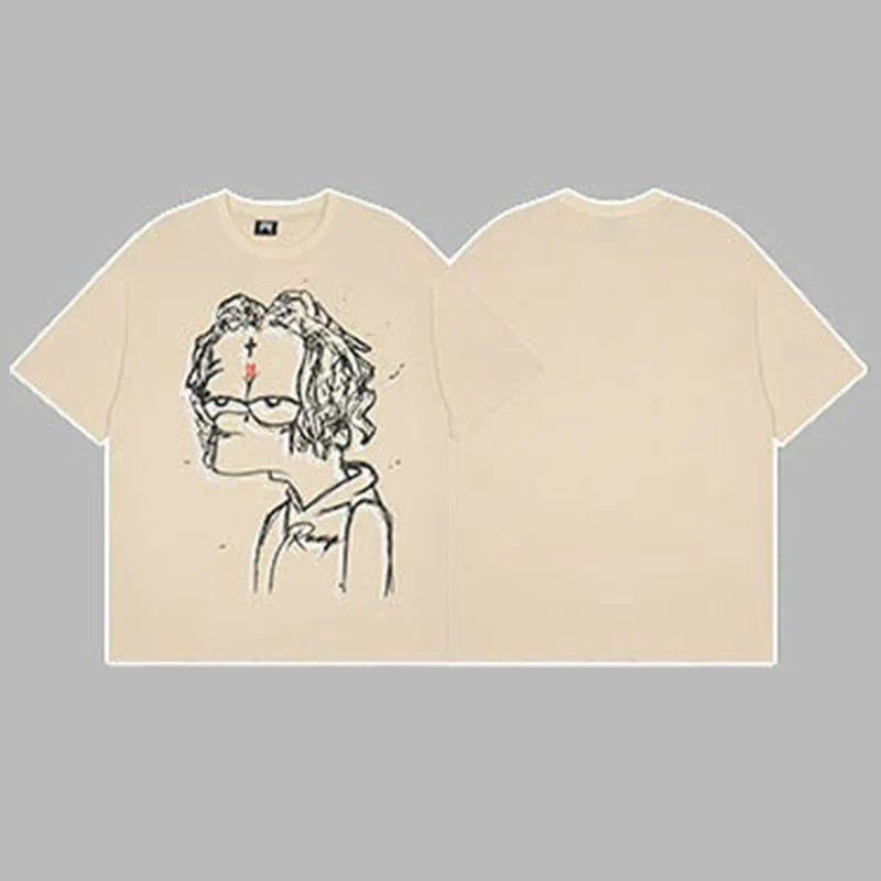 Revenge Outline Cartoon Portrait Graphic Short Sleeve T-Shirt Beige