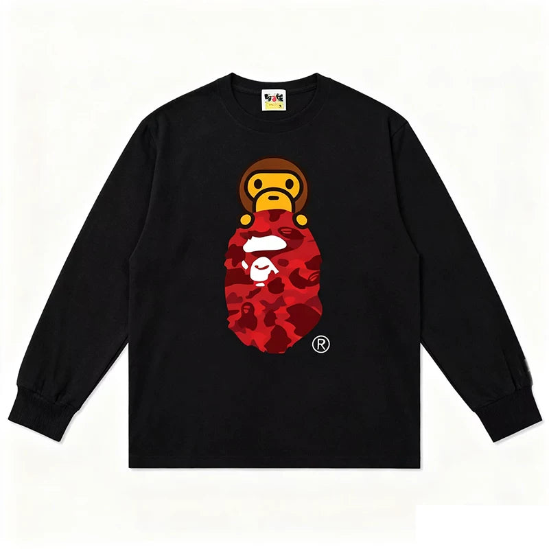 BAPE Style Baby Milo Peeking on Camo Ape Head Long-Sleeve Tee - Black/Red