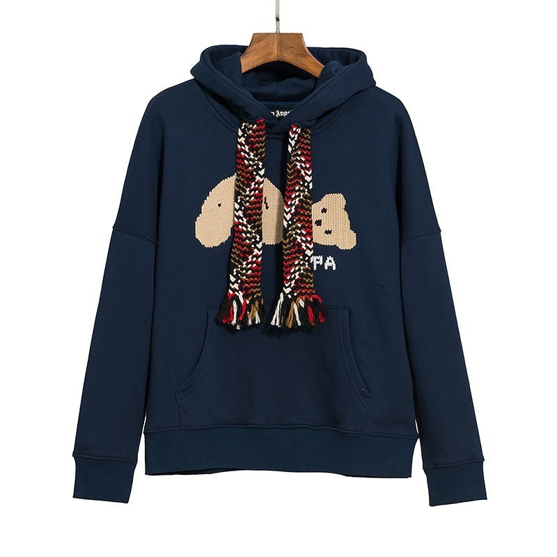 Palm Angels Woven Drawstring Bear Hoodie - Navy