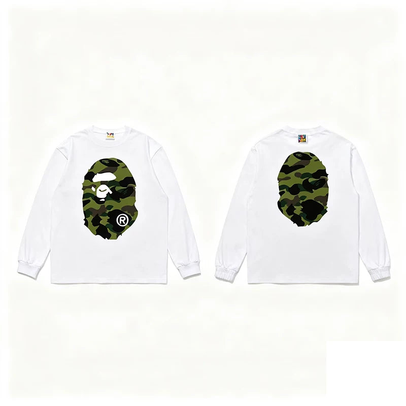 BAPE Style Big Camo Ape Head Long-Sleeve Tee - White/Green