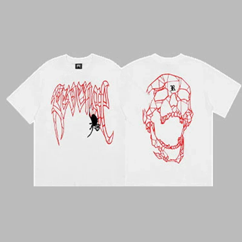 Revenge Arch Logo with Spider & Geometric Skull Graphic Short Sleeve T-Shirt White