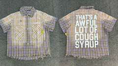 That's A Awful Lot Of Cough Syrup Distressed Plaid Button-Down Shirt - Grey Purple Plaid
