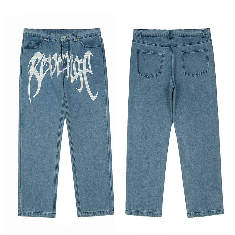 Revenge Vintage Blue Wash Gothic Logo Denim Jeans