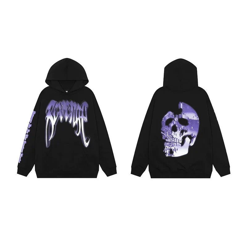 Revenge Gradient Splatter Cracked Skull Arch Logo Pullover Hoodie purple