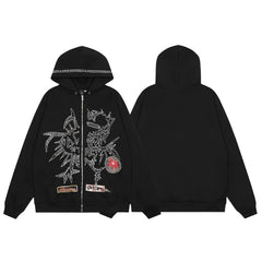 Streetwear Rhinestone Embellished Full-Zip Hoodie - Black