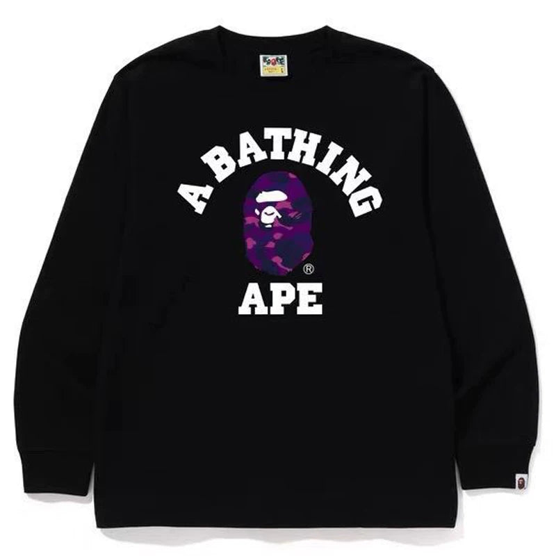 BAPE Style Collegiate Arc Logo & Camo Ape Head Long-Sleeve Tee - Black/Purple