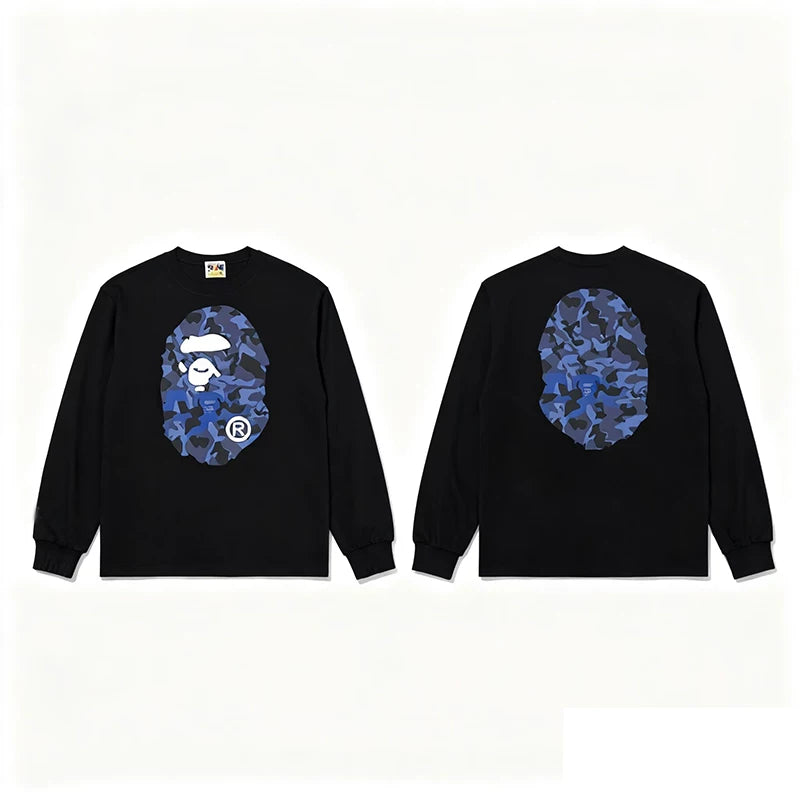 BAPE Style Big Camo Ape Head Long-Sleeve Tee - Black/Blue
