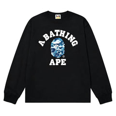 BAPE Style Collegiate Arc Logo & Camo Ape Head Long-Sleeve Tee - Black/Blue