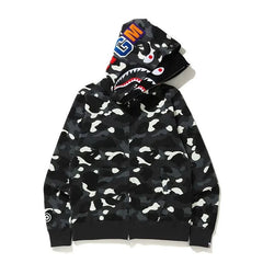 BAPE Style Camo Shark Full-Zip Hoodie - Black/Grey