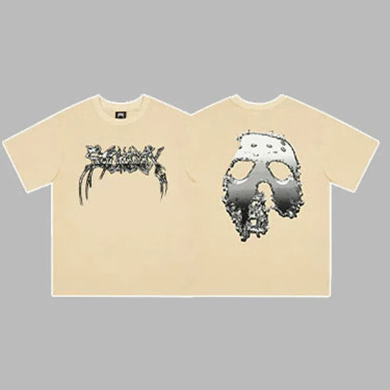 Revenge Silver Arch Logo & Hockey Mask Graphic Short Sleeve T-Shirt Beige
