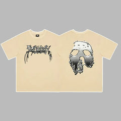 Revenge Silver Arch Logo & Hockey Mask Graphic Short Sleeve T-Shirt Beige