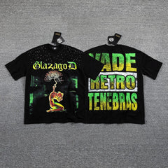 Men's Gothic Graphic Oversized T-Shirt – Green Print Streetwear Double-Sided Casual Tee