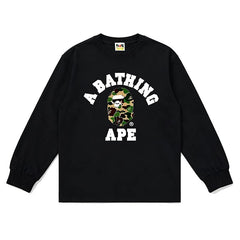 BAPE Style Collegiate Arc Logo & Camo Ape Head Long-Sleeve Tee - Black/Green