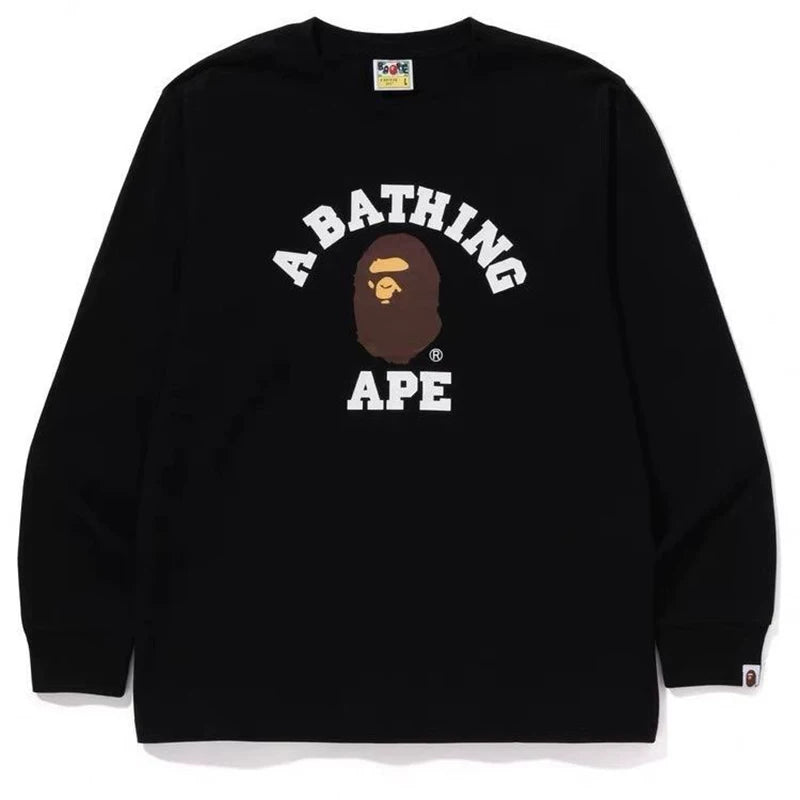 BAPE Style Collegiate Arc Logo & Ape Head Long-Sleeve Tee - Black